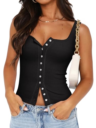 PINKMSTYLE Womens Square Neck Button Down Ribbed Tank Tops Cute Sleeveless Summer Tops2