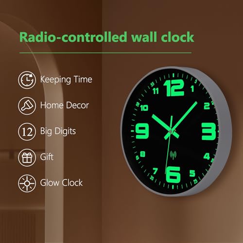 ACCSHINE Leuchtend Wanduhr Funkuhr Wanduhr Ohne Tickgeräusche Lautlos 25cm Quarz Modern Groß Batterie Wanduhr Einfach zu Lesen für Zimmer Zuhause KüChe Schlafzimmer Büro Schule (Leuchtend Wanduhr-A)