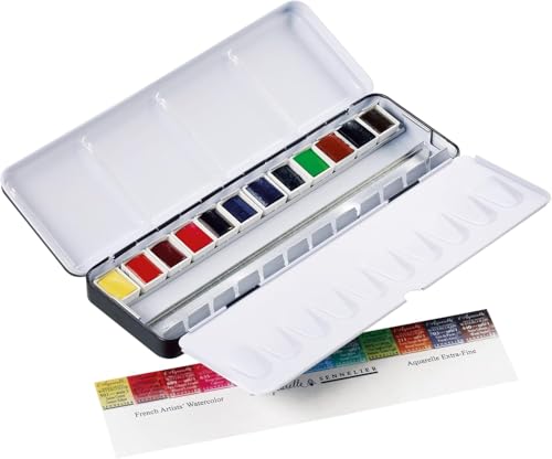 Sennelier - L'Aquarelle — Conjunto de tintas para aquarela profissional (12 meias-panelas) com caixa de paleta de metal | Alto teor de mel para mais luminosidade e brilho