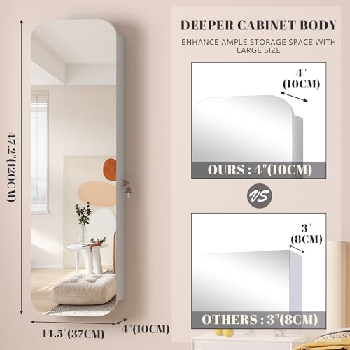 Image of Vlsrka 47.2 inch Wall /Door Mounted Jewelry Cabinet Organizer Armoire W /Mirror | 6 LEDs, Over The Door Hanging Jewelry Organizer with Rounded Corner Mirror, Lockable Full Length Mirror with Storage,White