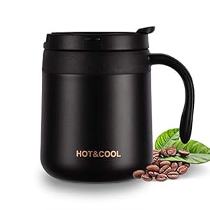 Geïsoleerde koffiemok voor op reis Lekvrij met handvat en deksel Roestvrijstalen vacuümtumbler Dubbelwandige drinkbeker Thermische waterfles Thermosbeker voor thuiskantoor (350ML, Zwart)