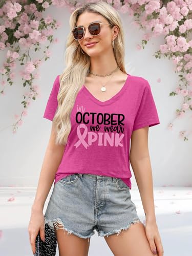 hohololo Breast Cancer Shirts Women in October We Wear Pink Tshirt Breast Cancer Awareness V-Neck Tees Cancer Survivor Tops4