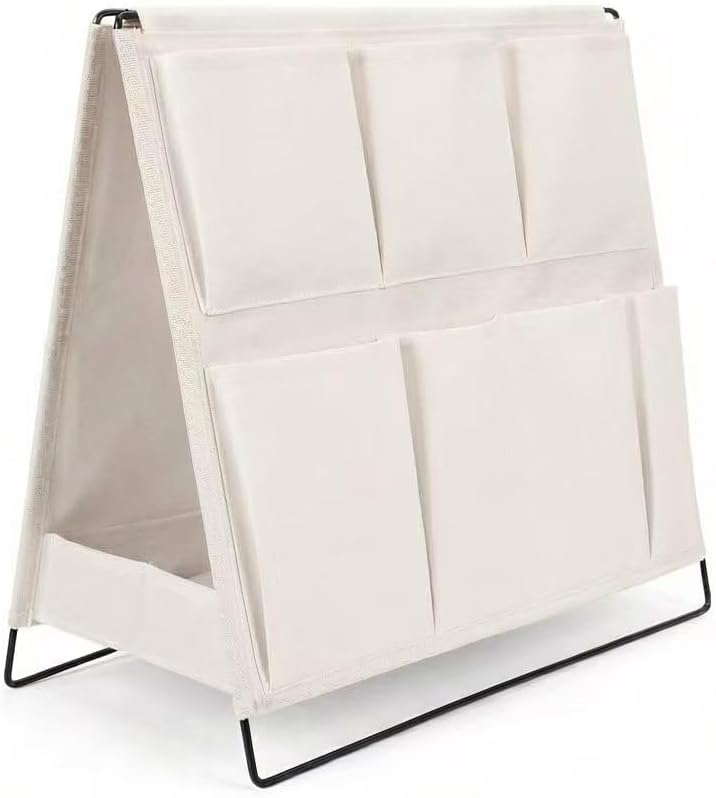Foldable Fabric Desk Organiser with Multi-Pocket Storage, Metal Frame, Gray,white and Black, 35x17x32 cm (1, White)