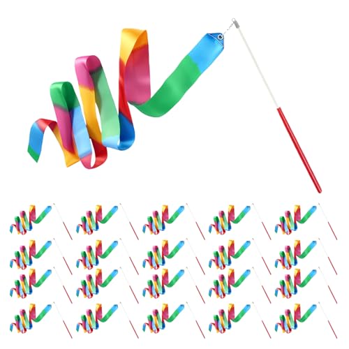 20 Stück Tanzband mit Stab, 2m Gymnastikband fur Kinder, Dance Ribbon, Rhythmische Sportgymnastik Band, Kinder Tanzen Streamer Luftschlangen Lange Dance Ribbons für Geschenke Kindergeburtstag