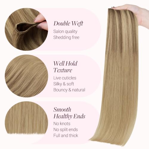 Image of GOO GOO Sew in Hair Extensions Real Human Hair, Weft Hair Extensions Human Hair, #12A /18H Ash Beige Blonde Blend 16 Inch 100g, Weft Bundles Straight Silky Remy Hair