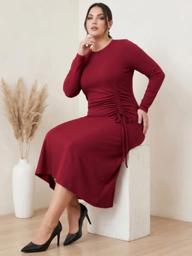 Image of Selvia Women's Ribbed Lycra Midi Dress | Long Sleeve Round Neck Ruched A-Line Dress | Casual, Party & Office Wear