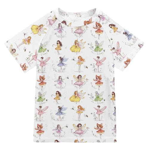 Girl Bathing Suit Short Sleeve Kids Rash Guard 11T Cartoon Sweet Fairy White