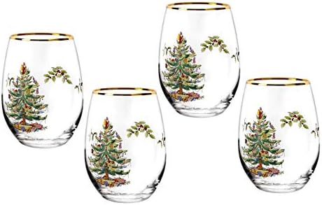Spode Christmas Tree Stemless Wine Glasses- Set of 4 -19 Ounces- Made of Glass – Gold Rim- Classic Drinkware- Gift for Christmas, Holidays, or Wedding