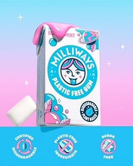 Milliways Bubblemint Chewing Gum, Plastic Free, Sugar Free, Aspartame Free, Natural | 12 Packs of 10 Pieces (120 Pieces Total) | Xylitol, Plant-Based, Biodegradable