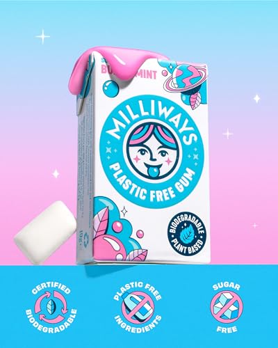 Milliways Bubblemint Chewing Gum, Plastic Free, Sugar Free, Aspartame Free, Natural | 12 Packs of 10 Pieces (120 Pieces Total) | Xylitol, Plant-Based, Biodegradable
