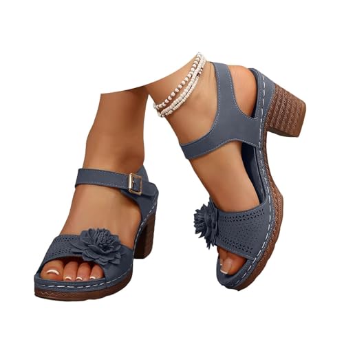 Wedge Sandals for Women, Open Toe Ankle Strap Buckle Floral Dressy Shoes, Mid Heel Wedge Sandals for Summer Wedding, Vacation, Office, Evening Events, Garden Parties and Casual Daily (A2-blue,6.5)