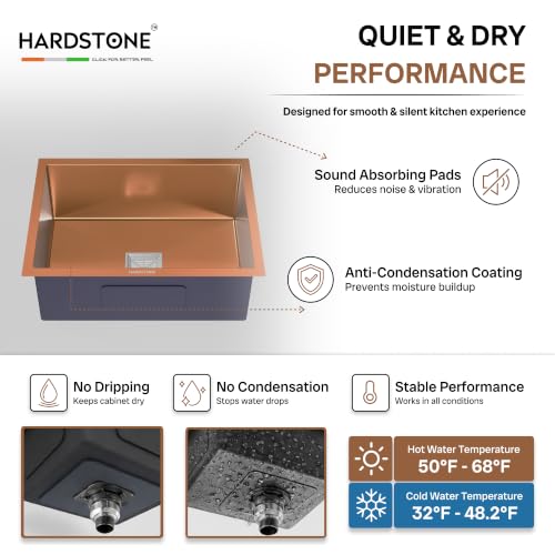Image of HARDSTONE Premium Kitchen Sink | Single Bowl 24x18x9 Inch | Handmade Heavy Duty Stainless Steel Wash Basin with Matte Rose Gold Finish | Includes Waste Hose Pipe, Coupling & Drying Rack | Rose Gold