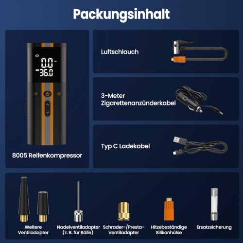 TowerTop Elektrische Fahrradpumpe, 12V DC 150PSI Doppelstrom Luftpumpe Elektrisch, 6000mAh Fahrradpumpe, 5X schneller Aufpumpvorgang… – Ansicht 7