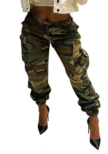 Vakkest Women's Camo Cargo Pants High Waist Slim Fit Trousers Camouflage Active Jogger Pocket Sweatpants with Belt
