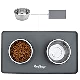  Comedero para Perro o Gato de Acero Inoxidable, Dos Cuencos con Alfombra Antideslizante de Silicona para Perros Grande/Medianos y Gatos (L, 24oz/bol)