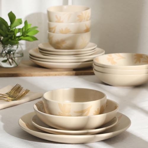 Image of Gibson Home Admiral Hall Plates and Bowls Set, 16-Piece Floral Dinnerware Set, Cream Stoneware Dish Set, Dinner Plates, Salad Plates, Pasta Bowls & Cereal Bowls