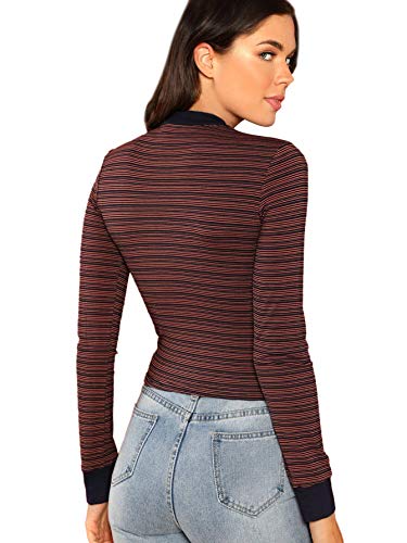 SheIn Women's Casual Mock Neck Striped Tee Tops Long Sleeve Slim Fit T-Shirts Small Multicolor
