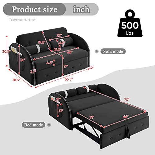 Sleeper Sofa Couch Bed, 55.5" 3 In 1 Velvet Convertible Loveseat Sleeper With Pullout Bed, Small Love Seat Futon Sofa W/Adjustable Backrest, Cylinder Pillows & Pockets For Living Room Bedroom, Black #TOP1