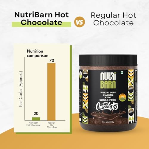 Image of Nutribarn Sugar-Free Hot Chocolate Mix 200g. 1.6g Net Carb. Zero added Sugar, Low Carb, Low Calorie. Sweetened with Sucralose.