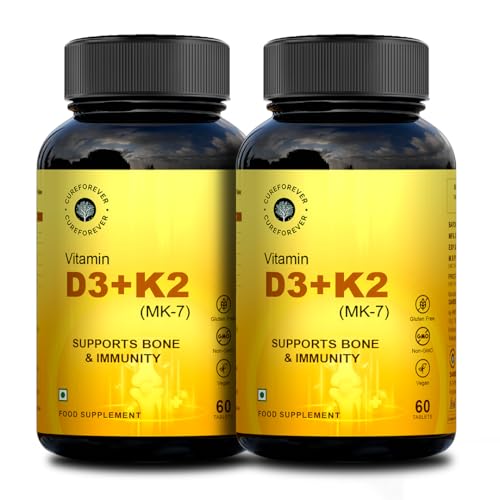 Image of CUREFOREVER Vitamin D3 + K2 (MK-7) Tablets - Essential Support for Bone, Heart & Immune Health for Men & Women | High Absorption Vitamin D Tablets (60 Count (Pack of 2))