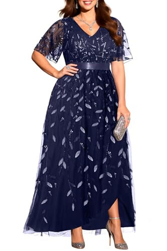 Pinup Fashion Plus Size Formal Dresses - Evening Gowns Sequin Embroidery V-Neck Prom Long Dress with Slit
