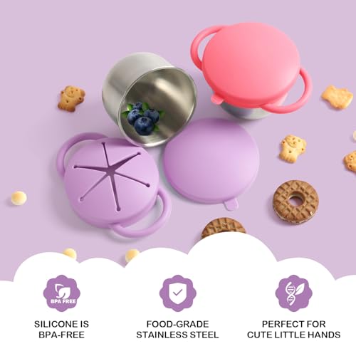 2 Pack Snack Cups for Toddlers Spill Proof - Detachable Stainless Steel Toddler Snack Cups with Silicone Lids & Handles - Dishwasher Safe Baby Snack Containers for Mess-Free Snacking (Red and Purple) — view 4