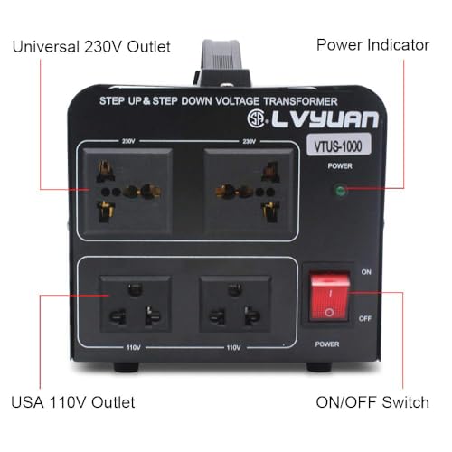 Cantonape Voltage Transformer Converter 1000 Watt Step Up/Down Convert from 110-120 Volt to 220-240 Volt and from 220-240 Volt to 110-120 Volt with 2 US Outlets, 2 Universal Outlets