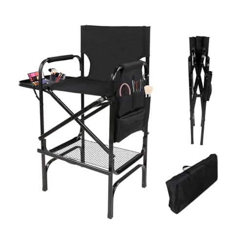 Seapisode Professional Makeup Chair, Tall Directors Chair with Storage Pockets and Folding Table, Oversized Makeup Chair with Storage Bags for Makeup Artists, Black