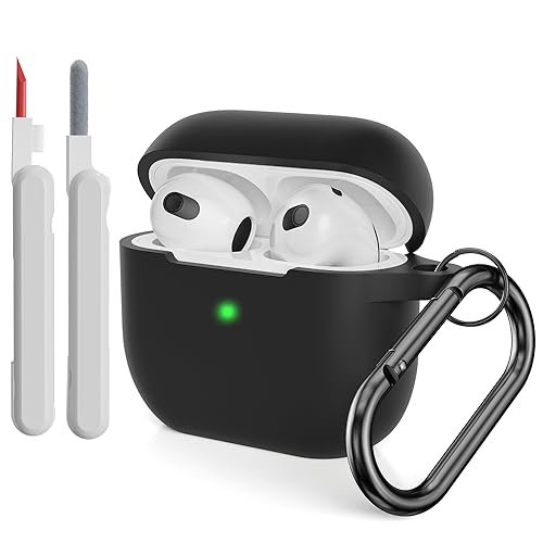 KOKOKA Case Cover Compatible with Airpods 3 with Cleaner kit, Premium Soft Silicone Skin Case Cover Shock Absorbing Protective Case for Airpods 3rd Generation with Carabiner, Black
