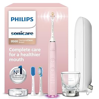 Philips Sonicare DiamondClean Smart 9500 Electric Toothbrush - Sonic Toothbrush with App, Pressure Sensor, 15 Brushing Settings, Replacement Reminder, USB Charging Travel Case, Pink, Model HX9923/21