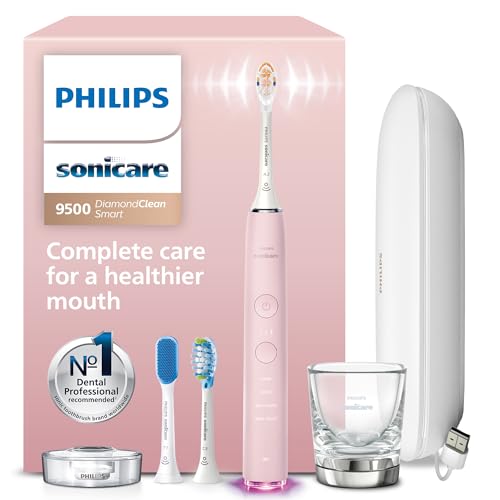 Philips Sonicare DiamondClean Smart 9500 Electric Toothbrush - Sonic Toothbrush with App, Pressure Sensor, 15 Brushing Settings, Replacement Reminder, USB Charging Travel Case, Pink, Model HX9923/21