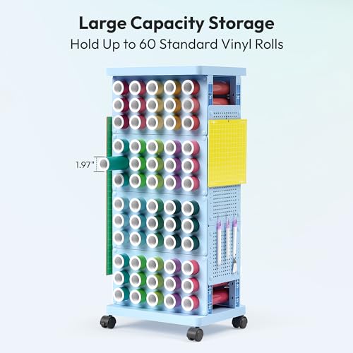 Craft Storage Cart with 60 Vinyl Roll Storage Organizer, Rolling Heat Press Table Stand with Wheels, Mobile Vinyl Roll Holder Rack for Blueprints Gift Wrap Craft Organizers
