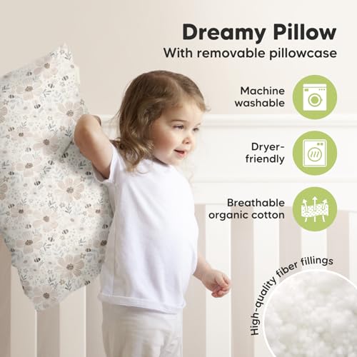 Image of KeaBabies Organic Toddler Pillow with Pillowcase, Jumbo 14X20 (Flora Vale) | Soft Cotton Toddler Pillows for Sleeping, Machine Washable, Perfect for Travel, School, Daycare, Nap, Kids Toddler Bed Set