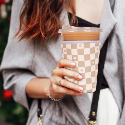 Image of Reusable Insulated Neoprene Iced Coffee Cup Sleeve, Durable Drink Sleeve for Cold Beverages, Beverage Holder for Iced Coffee (Floral Checkers)