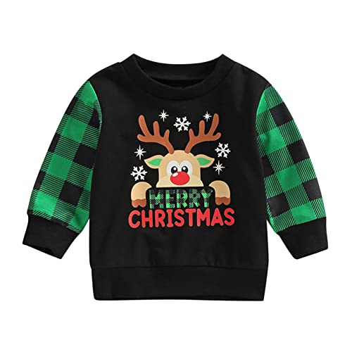 Infant Boys Girls Christmas Long Sleeve Plaid Pullover Sweatshirt Toddler Cartoon Deer Prints Crew Neck Tops Hoodie