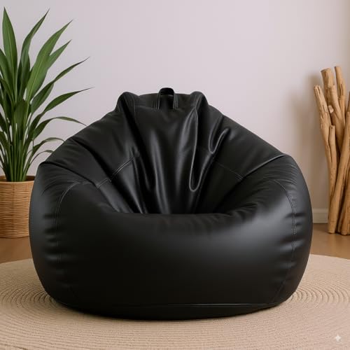 Image of Filled with Beans Faux Leather Bean Bag Chair | Premium Comfortable Durable Stylish Bean Bag for Adults & Kids | Perfect for Living Room, Bedroom, Gaming, Study & Home Decor (Black, 4XL)