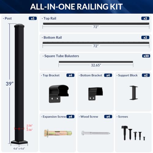Image of Egadis 36 in. H x 6 ft. W Black Deck Railing Kit with 1 Post, Textured AAMA 2604 Powder-Coat Finish Modular Aluminum Railing System for Outdoor Decks, Porches & Balconies(2 Panel, 1 Post)