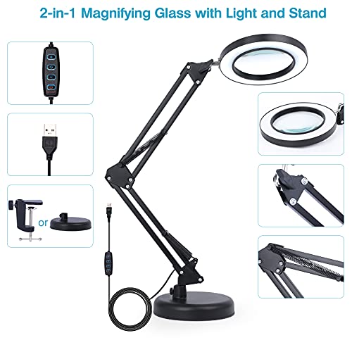 2-In-1 Magnifying Glass With Light And Stand, 8X Real Glass Magnifying Lamp With Stand 3 Color Modes 10 Stepless Dimmable Desk Magnifier For Close Work, Jewelry, Reading, Crafts, Hobby #TOP6