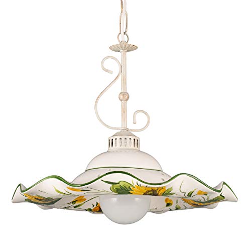 Helios Leuchten 207058 Küchenlampe Keramiklampe weiß - gelb | Pendellampe Pendelleuchte aus Keramik | handbemalte Landhaus Keramikleuchte | Hängelampe 1 x E27