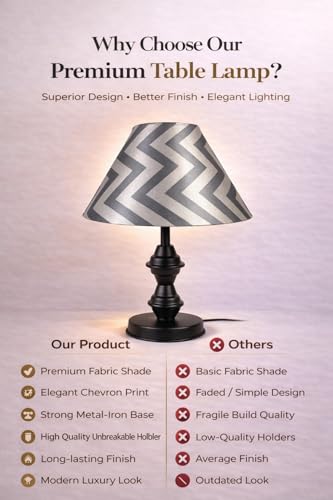 Image of tu casa Modern Table Lamp with Classic Chevron Grey Satin Shade | Metal Iron Base Decorative lamp for Living Room| Decorative Lighting for Living Room, Study, Designer Table Lamp for Gifting