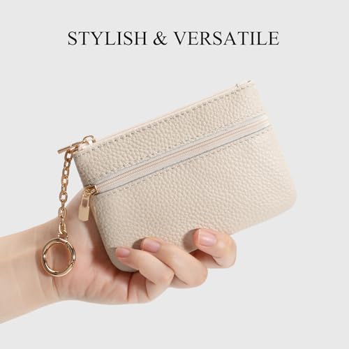 Full Grain Leather Coin Purse with Keychain - 2 Zippered Pockets Mini Coin Pouch Card Holder Keychain Pouch Keychain Wallet - Small Change Purse for Women and Men (Off White)2