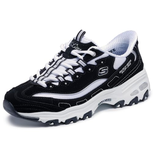 Image of Skechers Women's D'Lites Fan Girl Sneaker | Hands Free Slip-Ins, Duraleather & Suede Sneaker, Rhinestone Details & Charms Lace Up, Air-Cooled Memory Foam Insole