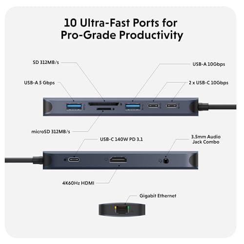 HyperDrive Next 10 Port USB C Hub for Mac, PC, and Chromebook with 4K60Hz HDMI, 2 USB-A, USB-C Hub 10Gbps 140W Power Delivery, SD & microSD Card Reader, Ethernet, 3.5mm Audio Ports