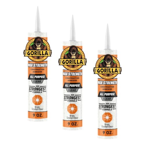 Image of Gorilla Max Strength Construction Adhesive, 9 oz Cartridge (Pack of 3), Clear, Waterproof Gap-Filling Formula for Wood Metal Tile Stone Glass Mirror Indoor Outdoor, Paintable Sandable