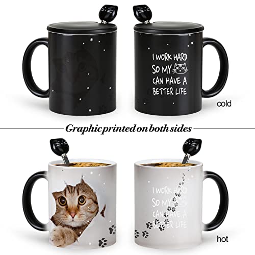 MUGKISS Canecas para Gatos, Xícara de Café Que Muda de Cor, 11 Oz- Eu Trabalho Duro para Que Meu Gat
