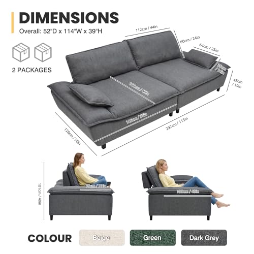114” Oversized Sectional Sofa – Sailboat Cloud Couch with Adjustable Backrest, Extra Deep & Wide Seats, Modern Sleeper Sofa for Living Room (Grey, 114-inch) — view 2