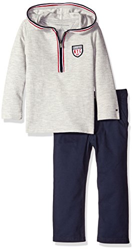 Tommy Hilfiger Toddler Boys Hooded Half Zip Top with Pants Set, Gray, 3T
