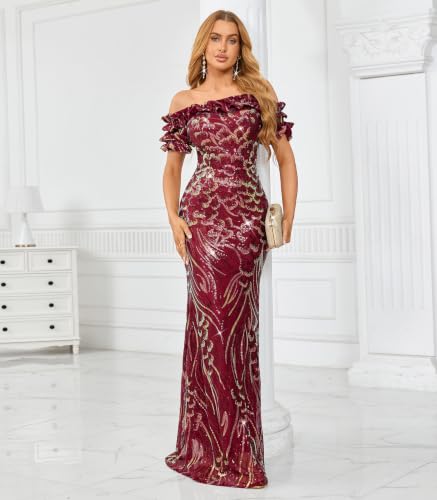 Image of dasmzper Women Sexy Sequin Off Shoulder Ruffle Short Sleeve Bodycon Mermaid Party Formal Evening Maxi Dress