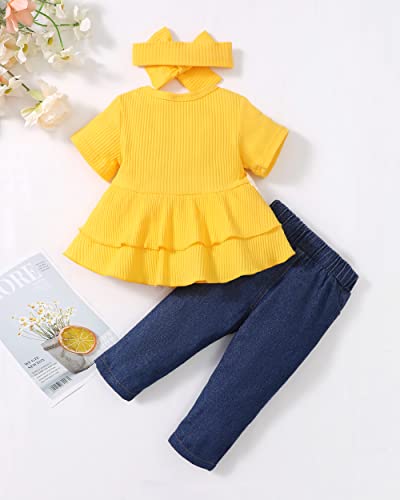 Xuanhao 12 Months Girl Clothes Girls 12 Months Summer Outfits For Girls Short Sleeve Ruffle Daisy Floral Shirt Denim Ripped Jeans Clothes Outfits For Girls 12-18 Months Yellow #TOP2