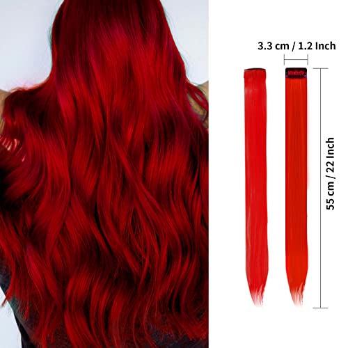 Red Hair Extensions Clip In Rainbow Hairpiece 12 Pieces Birthday Party Highlight Synthetic Straight Long Hairpiece Hair Accessories For Kids Girl Women Doll Colored Wig 22 Inches #TOP2
